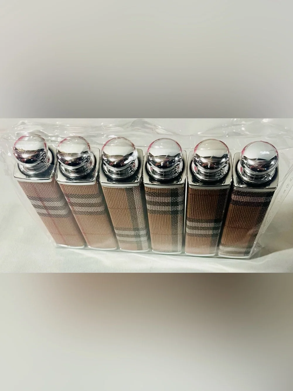 6 Pack Beige Plaid Lipstick Silver Cap - Stylish Accessory